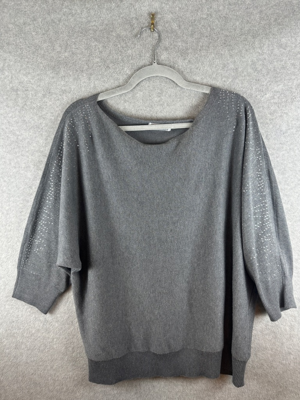 89th + Madison Charcoal Gray Women's Plus 1X Scoop Neck Rhinestone Knit Sweater